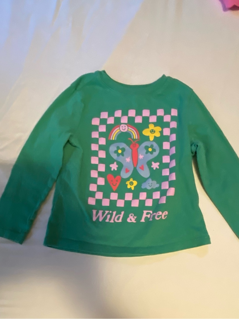 Old Navy Green Long Sleeve Tee with Pink Butterfly Graphic